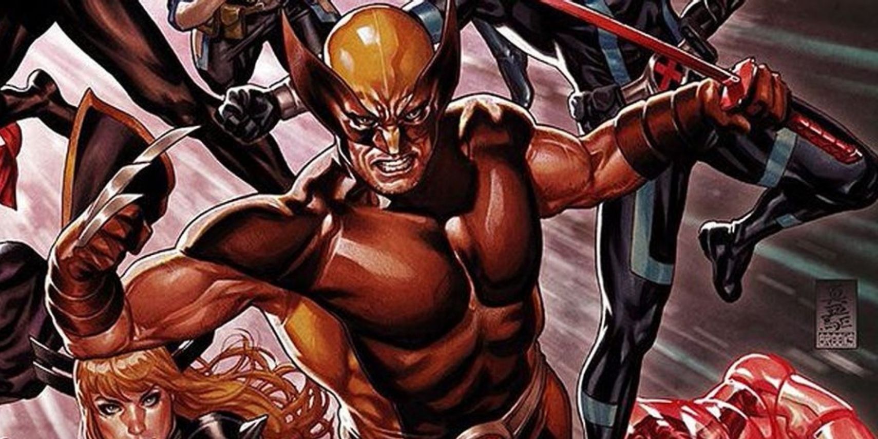 Marvel comics' Wolverine with the Muramasa sword and his claws extended with the X-Men behind him