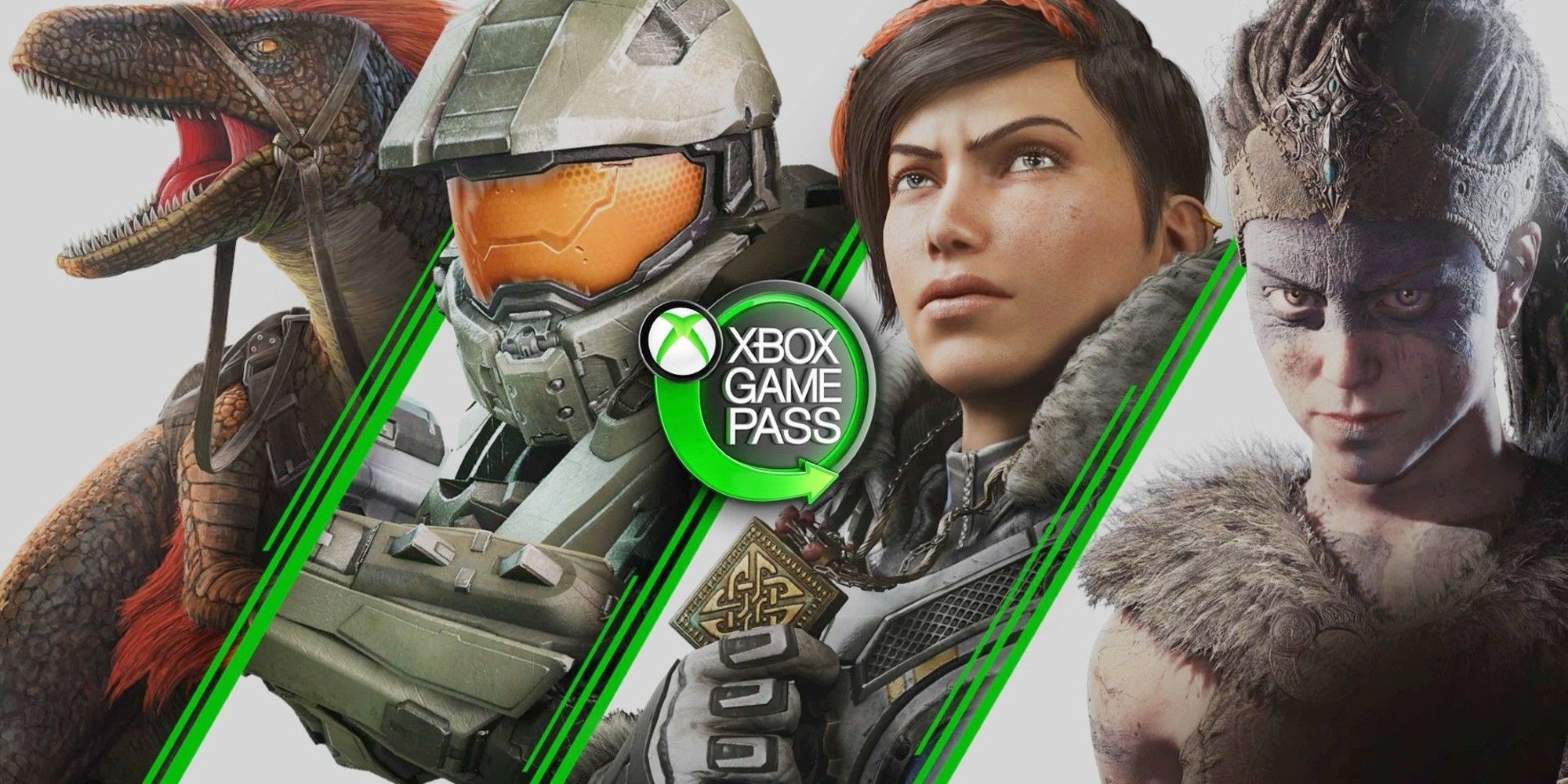 A banner from xbox game pass featuring a dinosaur from Ark Survival Evolved, Master Chief from Halo, Kait Diaz from Gears of War 5, and Senua from Hellblade: Senua's Sacrifice