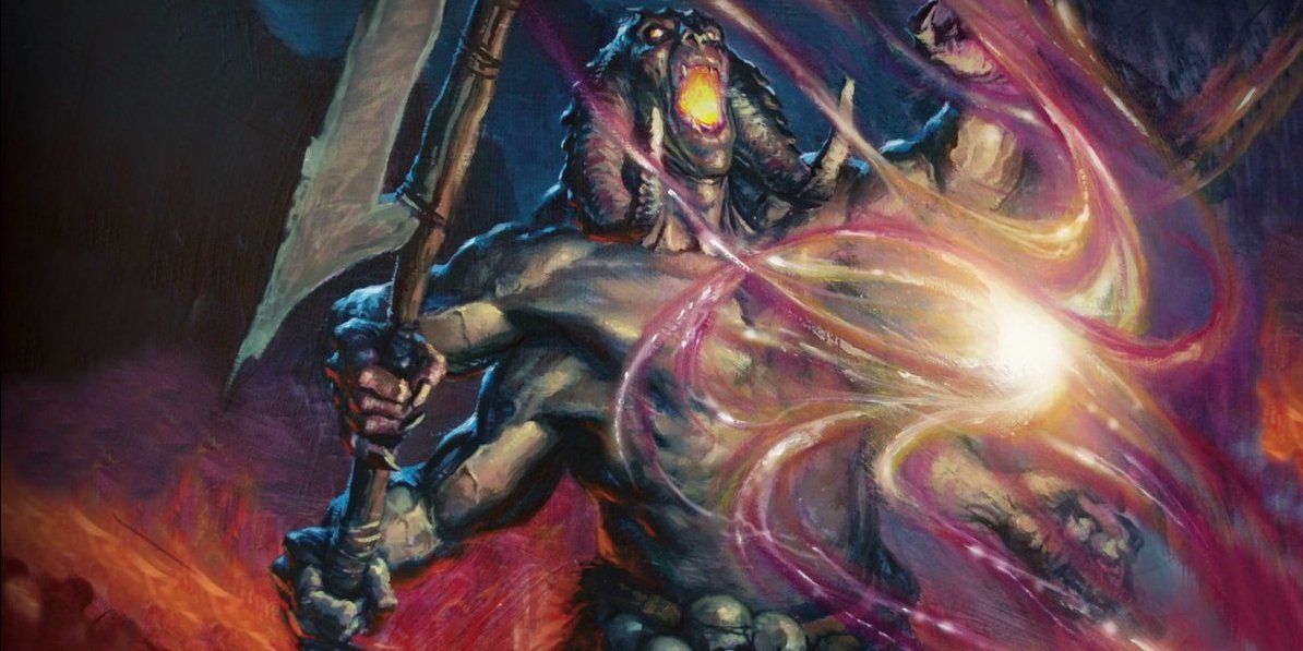 Art of a four-armed warrior in front of a swirling orb of magic