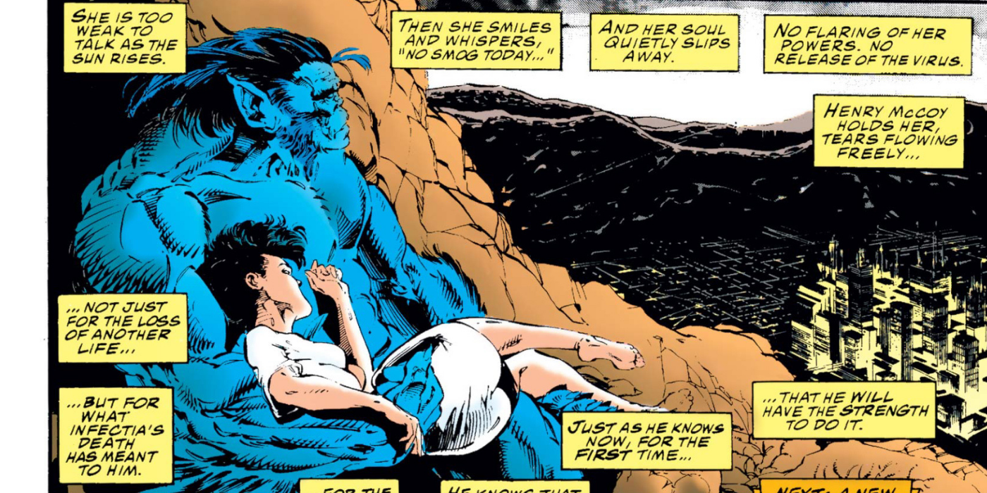 A comic panel depicting a character dying of the legacy virus