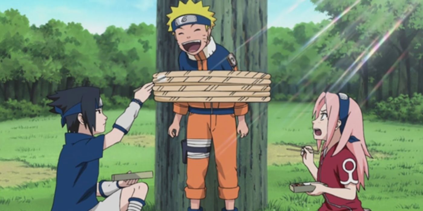 Sasuke Offering Naruto Some Of His Food During The Bell Test