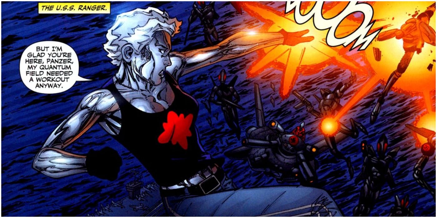 An image of Bombshell firing an energy blast at her enemies in DC Comics