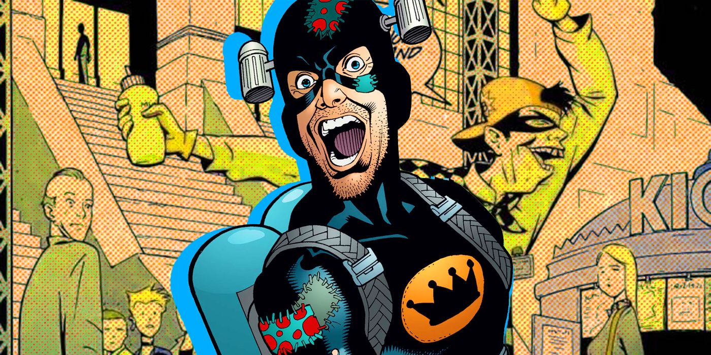 Imagem de colagem de duas versões de Condiment King da DC Comics