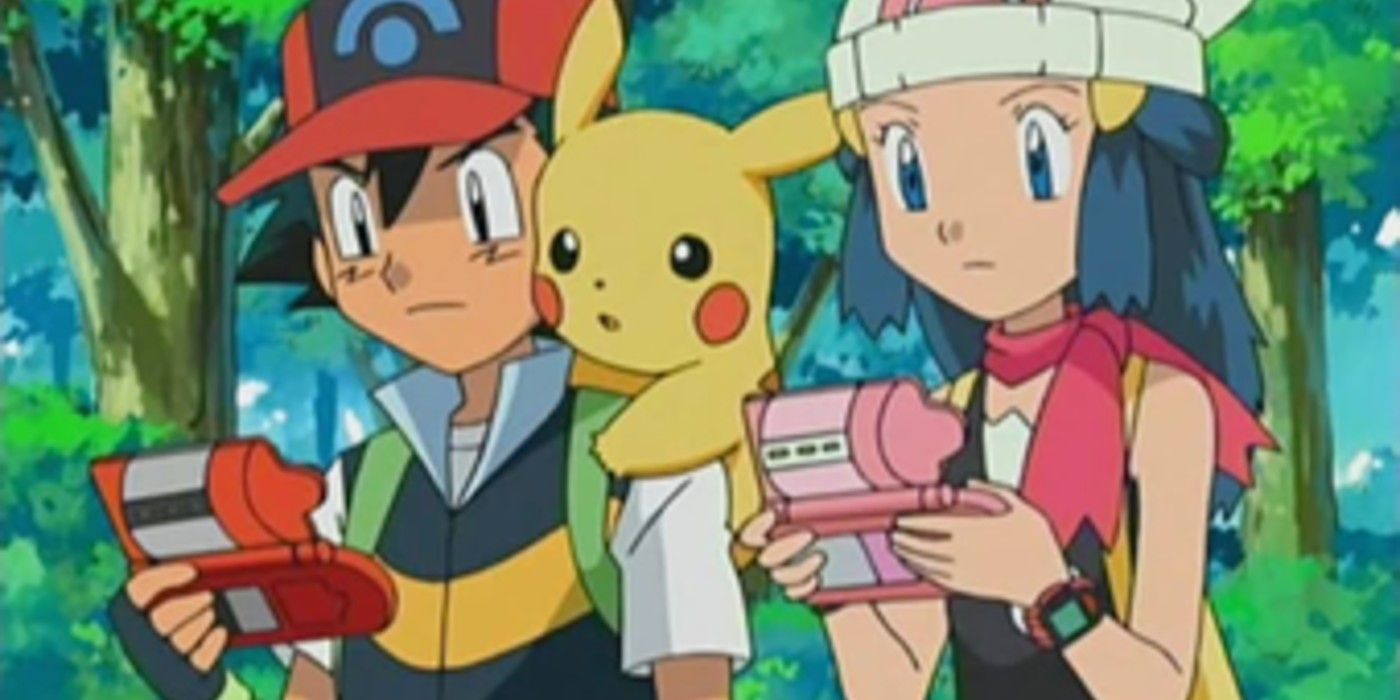 ash and dawn with their pokedex in pokemon