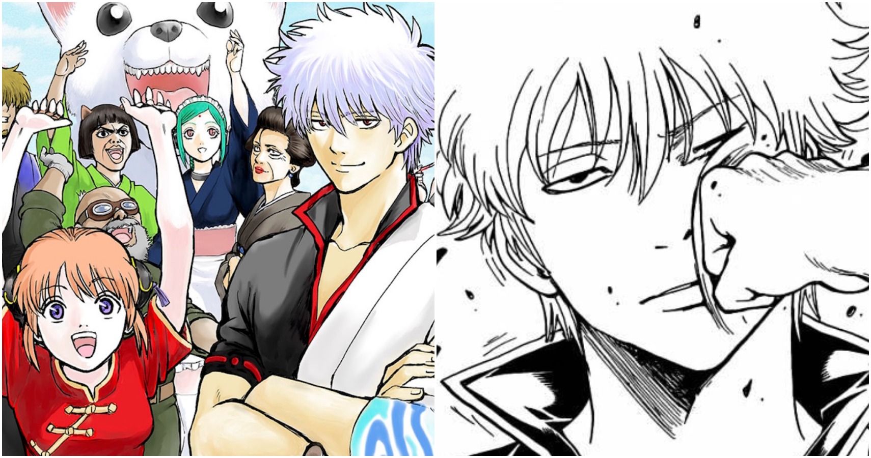 gintama split image: anime characters/Gintoki getting punched in the face in the manga