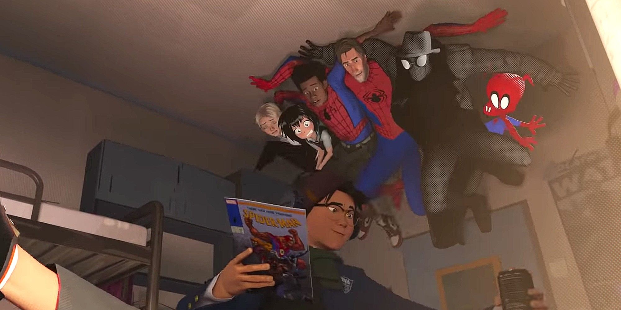 Spider-Man into the Spider-Verse group sticking to the ceiling