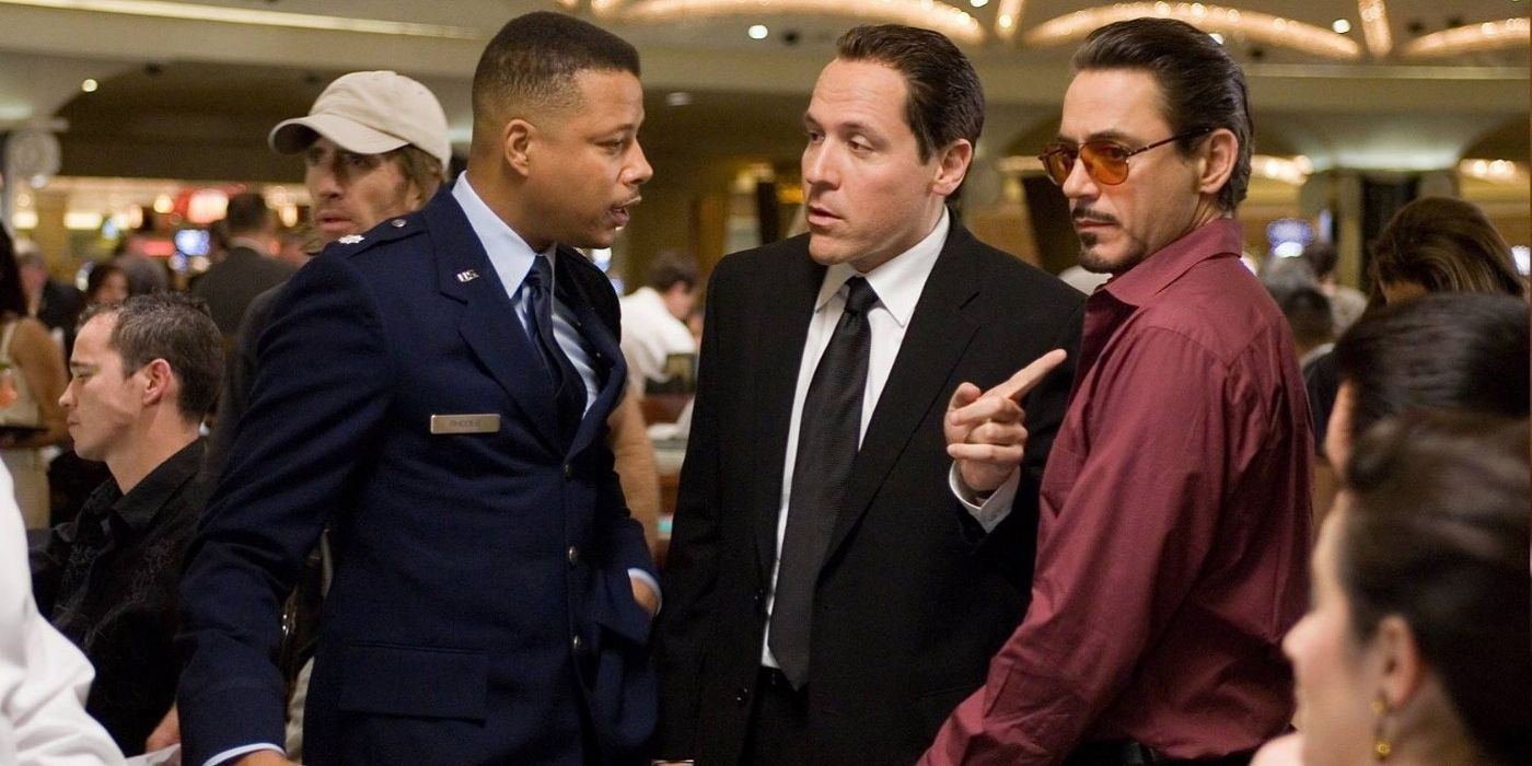 Tony Stark (Robert Downey Jr.), Rhodey (Terrence Howard) and Happy Hogan (Jon Favreau) standing together in a Las Vegas casino