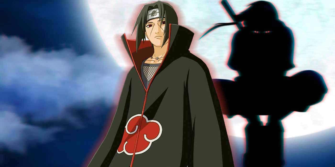 Naruto's Itachi Uchiha in Akatsuki robes in front of a version of his own perched shadow