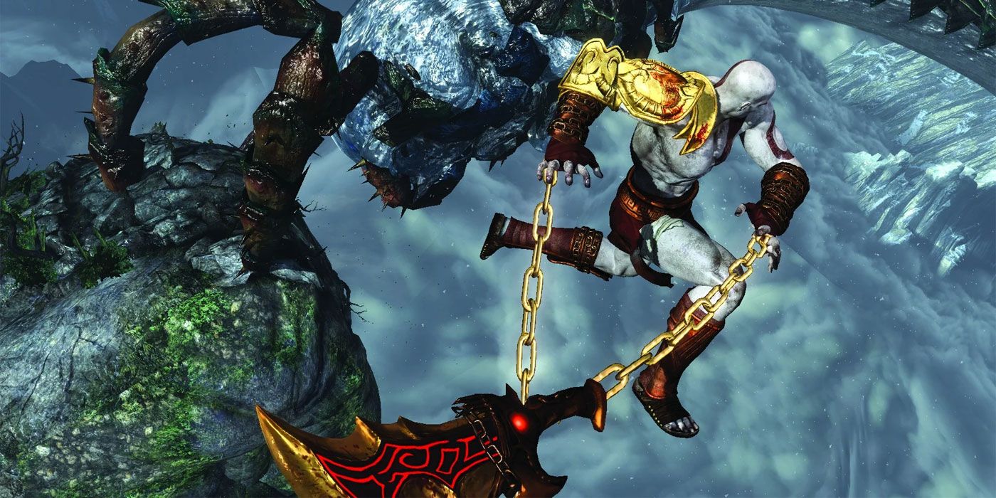 Kratos runs with the Blades of Chaos' golden chains in his hands