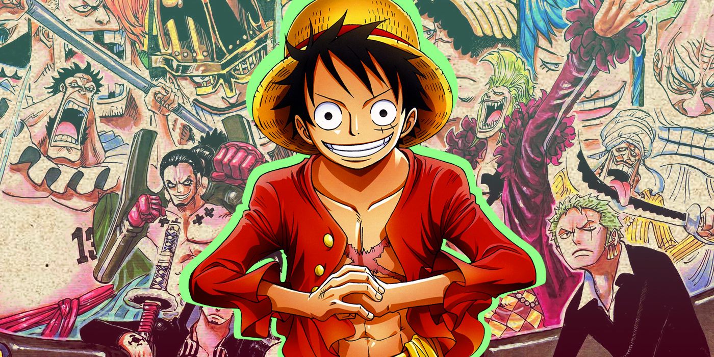 Luffy poses in front of Cast of One Piece Anime