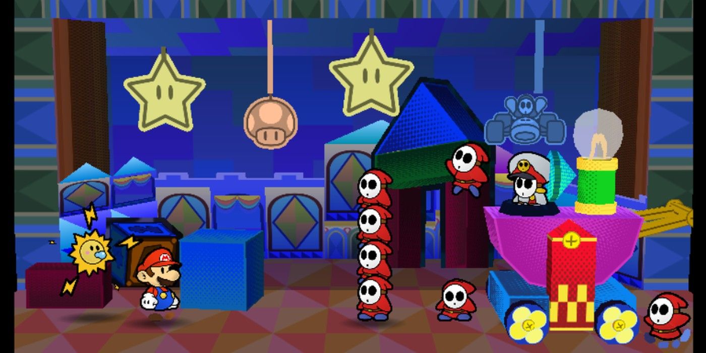 Mario devises a strategy against Shy Guys in Paper Mario battle