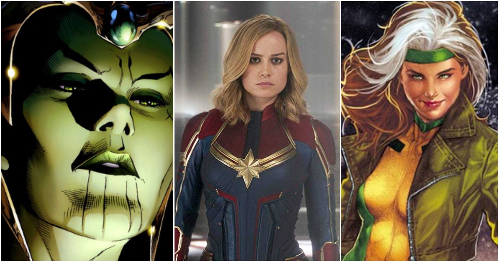 Captain Marvel beside two of her villains, Veranke (lef) and Rogue (right).