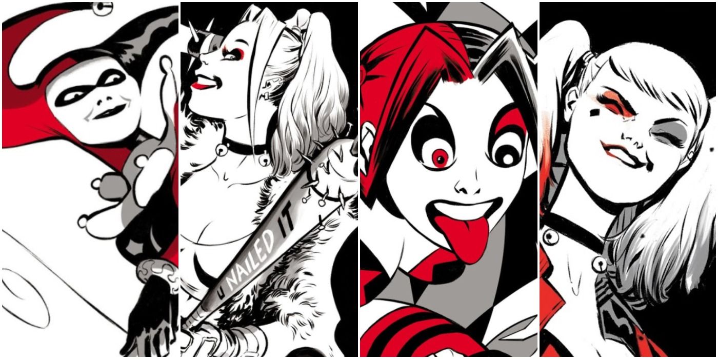 Collage of Harley Quinn's Designs from classic to current