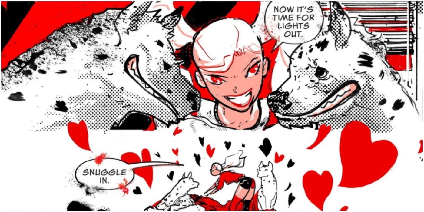 Panel of Harley reading to and tucking in Bud and Lou