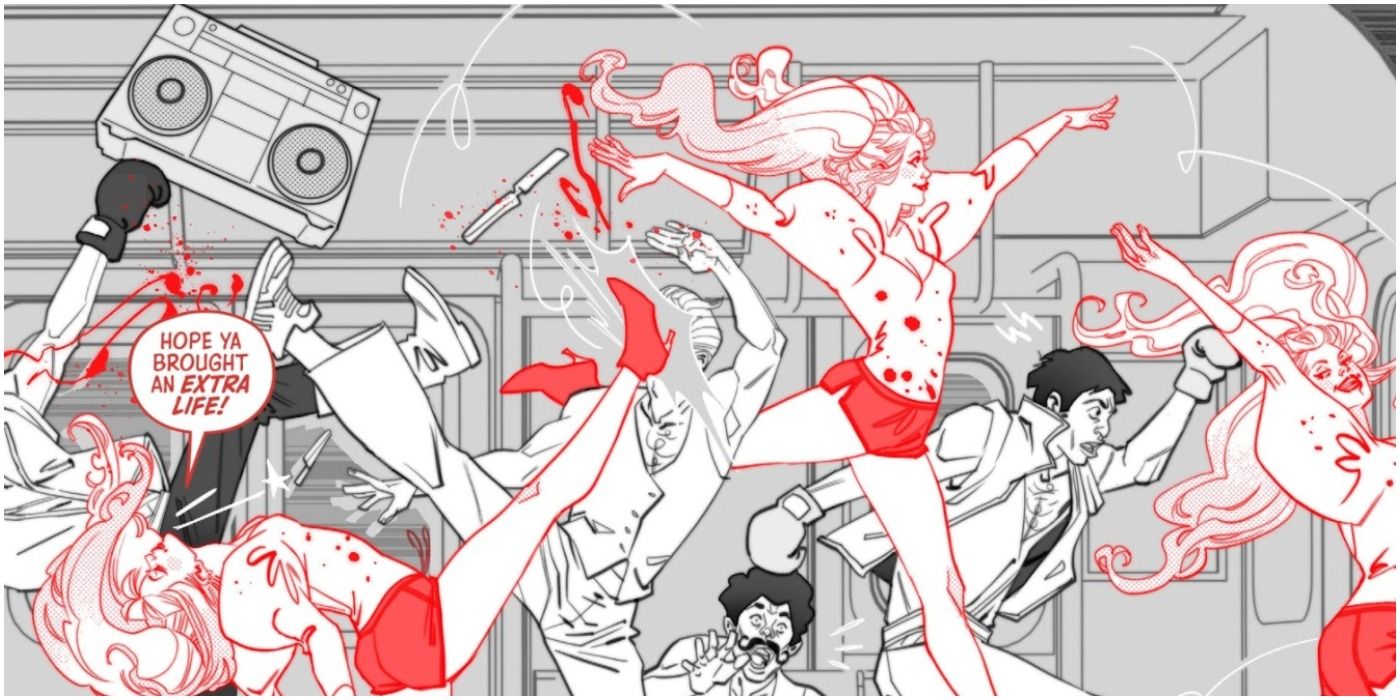 Panel of Harley leaping and kicking thugs on a train