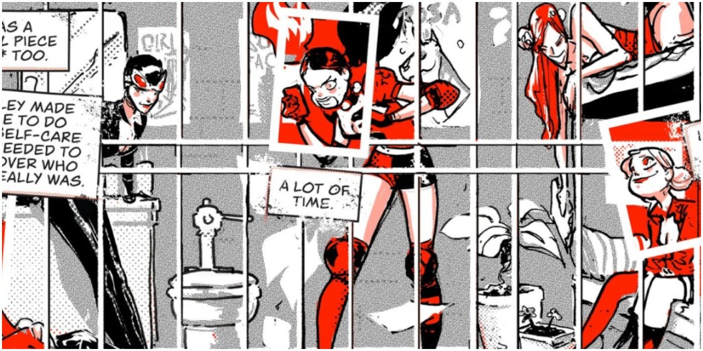 Panel of Catwoman, Harley Quinn, and Poison Ivy behind bars