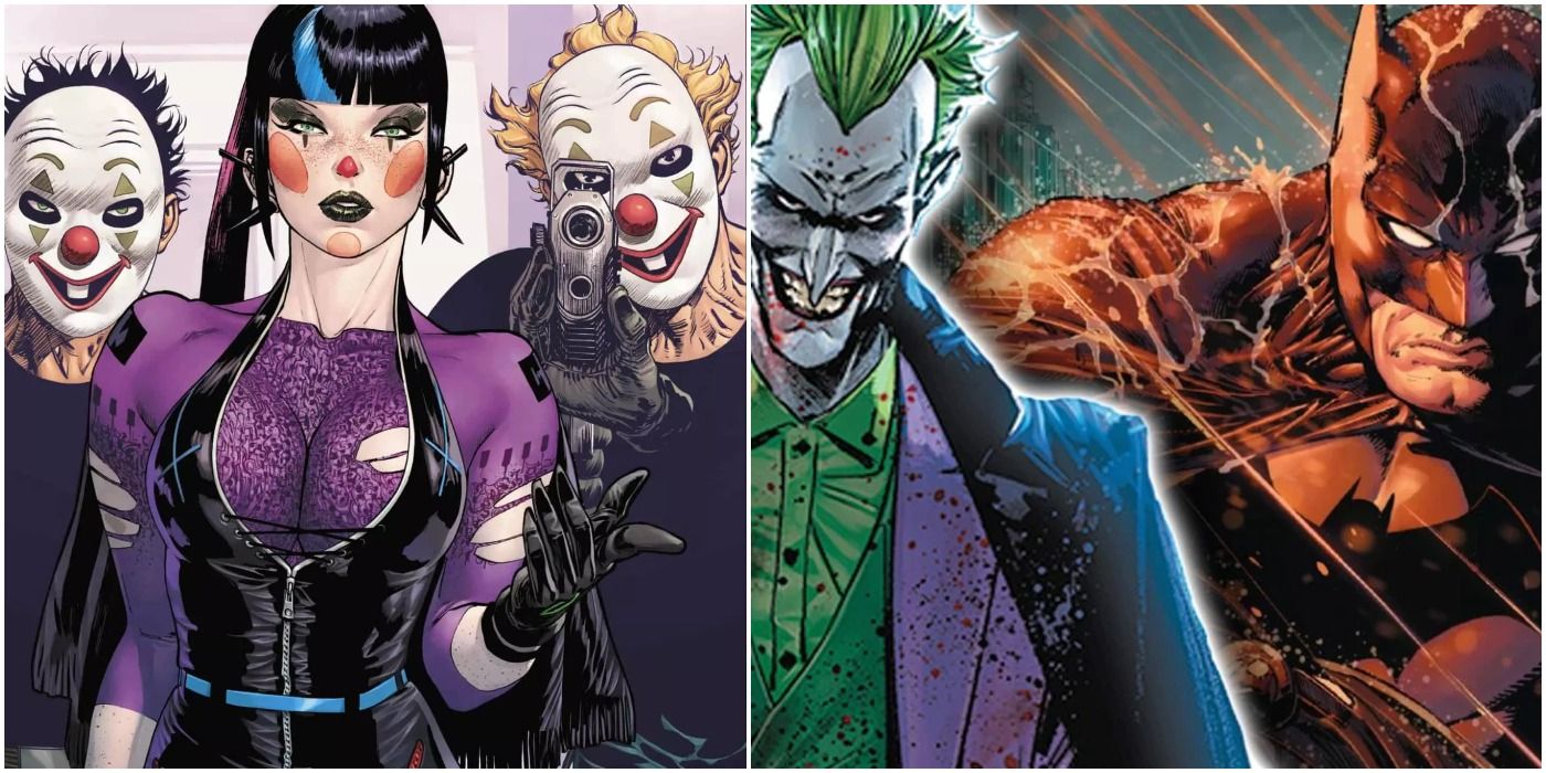 Collage of Punchline with clown goons and Joker and Batman