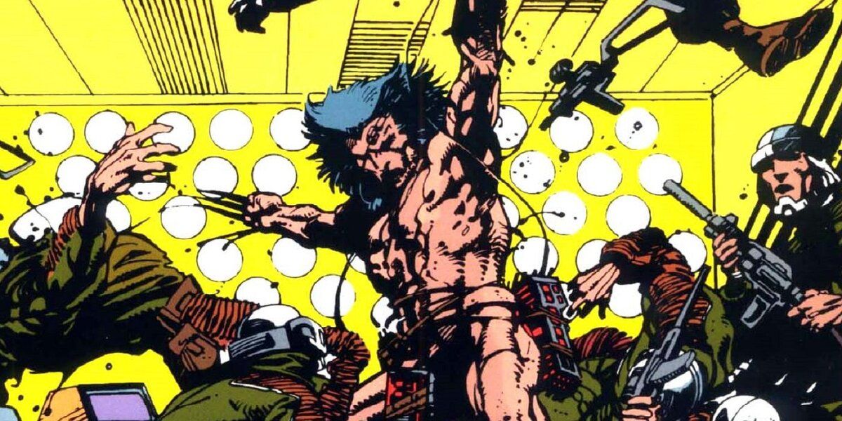 A naked Wolverine attacks soldiers in the Weapon X project in Marvel Comics.