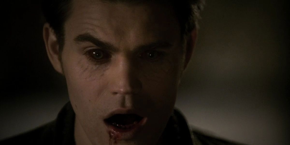 Stefan is in his true vampire form after turning off his humanity in The Vampire Diaries.