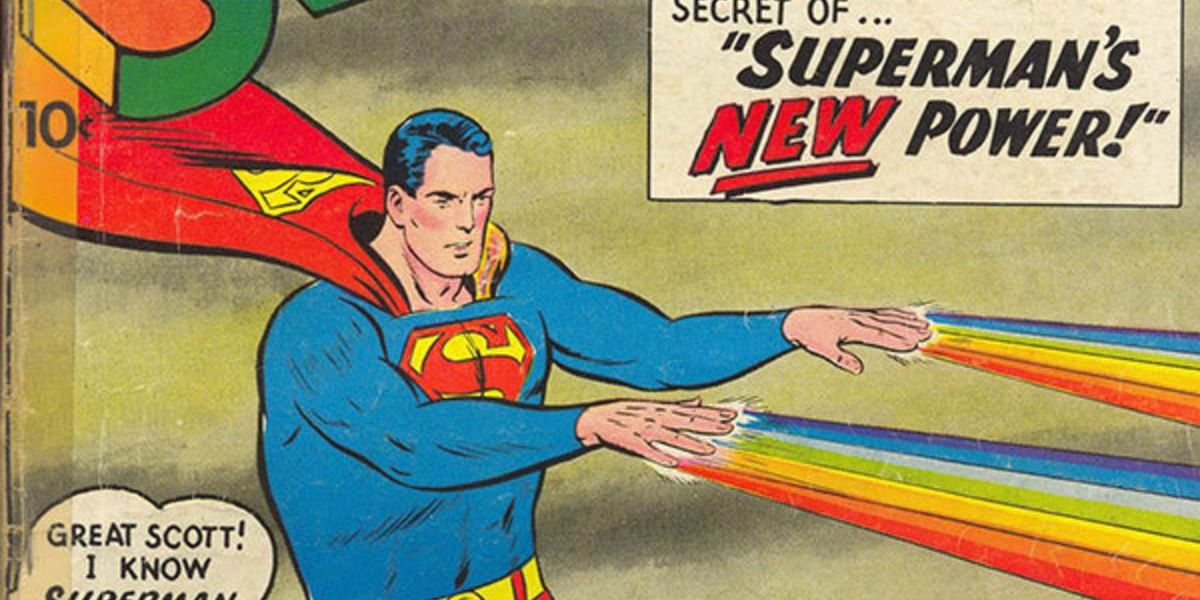 Superman firing rainbows from his hands in DC comics.