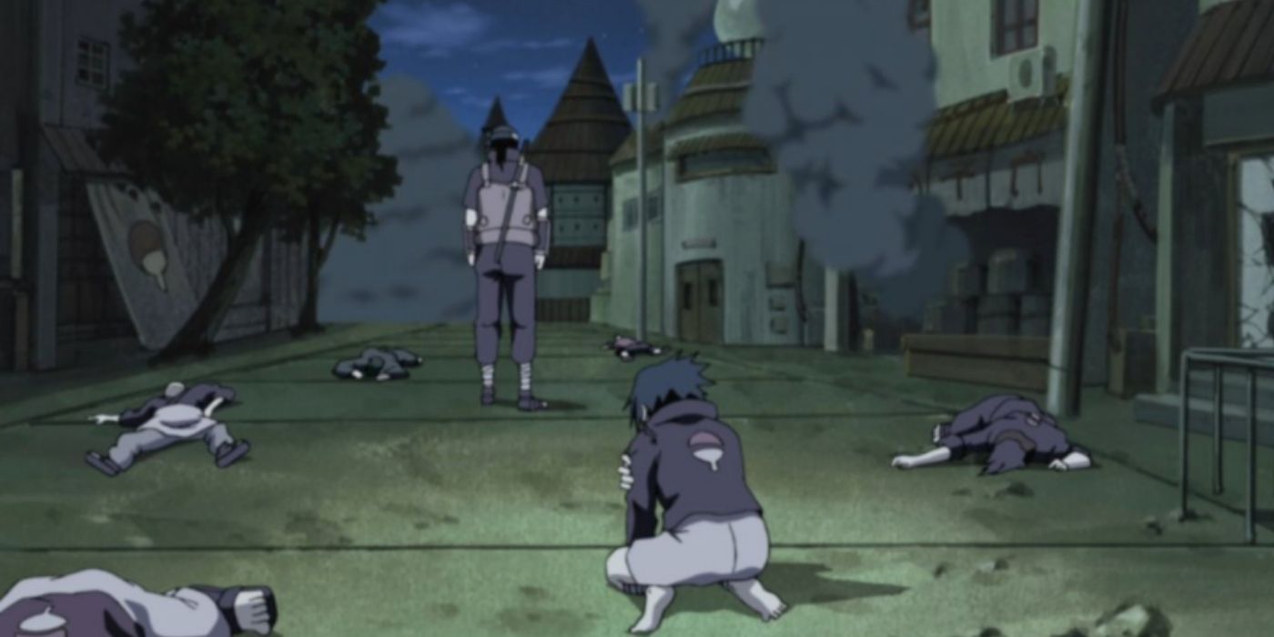 The aftermath of the Uchiha massacre in Naruto.