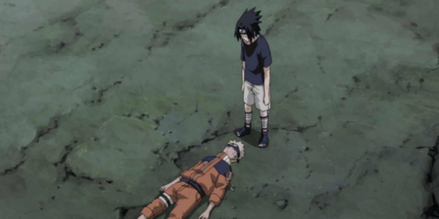 Naruto and Sasuke after the Battle of the Valley of the End in Naruto.