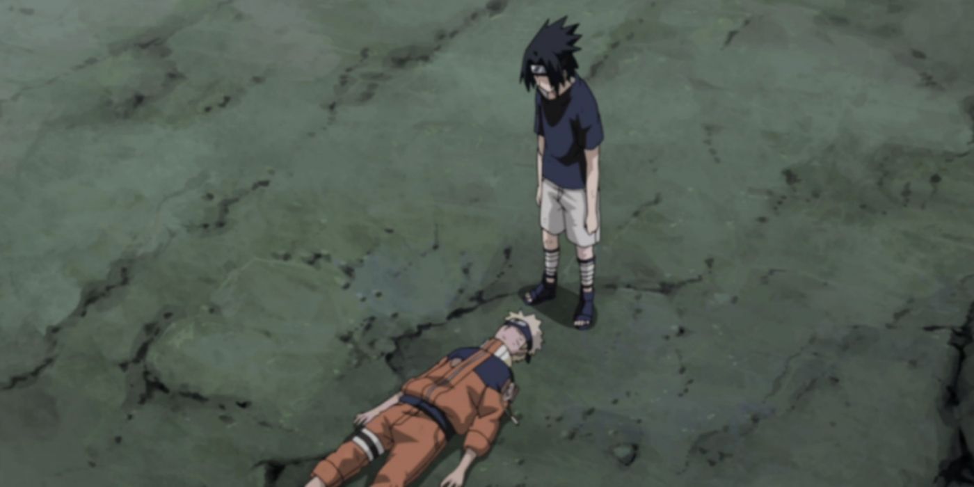 Naruto and Sasuke after the battle at the Valley of the End in Naruto.