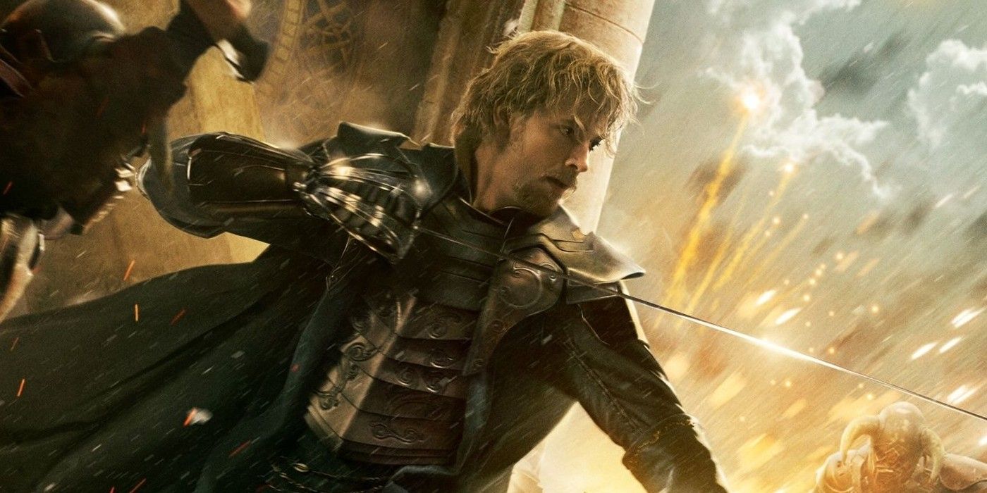 A Thor The Dark World promotional poster has Fandral fighting enemies in Asgard