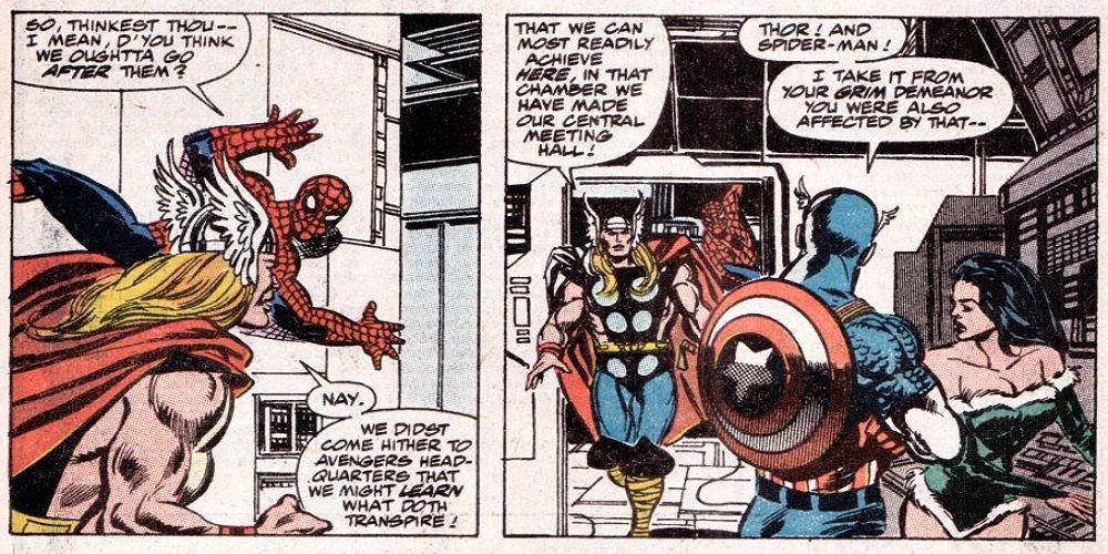 Spider-Man and Thor arrive at Avengers HQ in Avengers #314