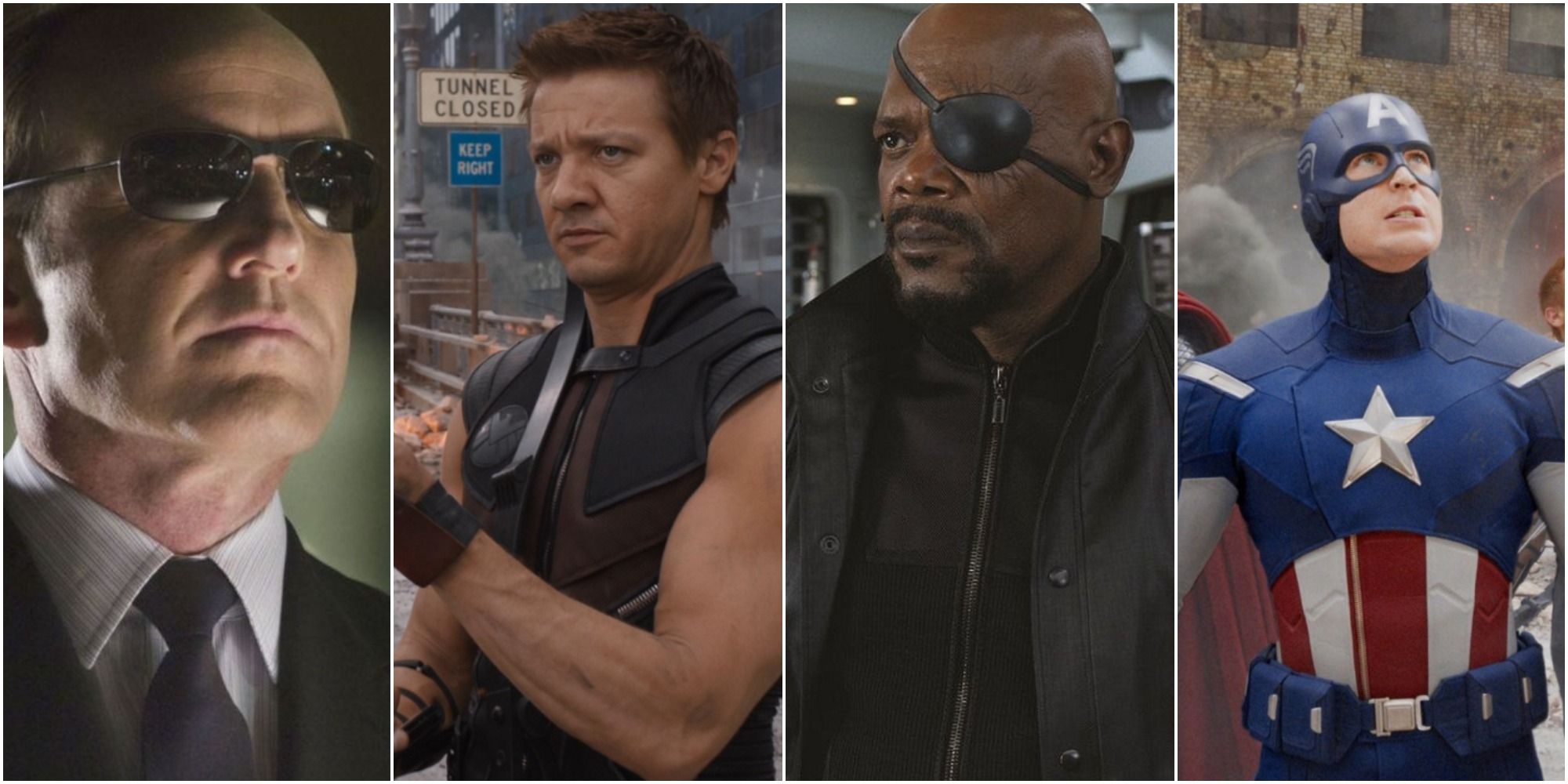 a collage of four men from the avengers - agent coulson, hawkeye, nick fury, and captain america