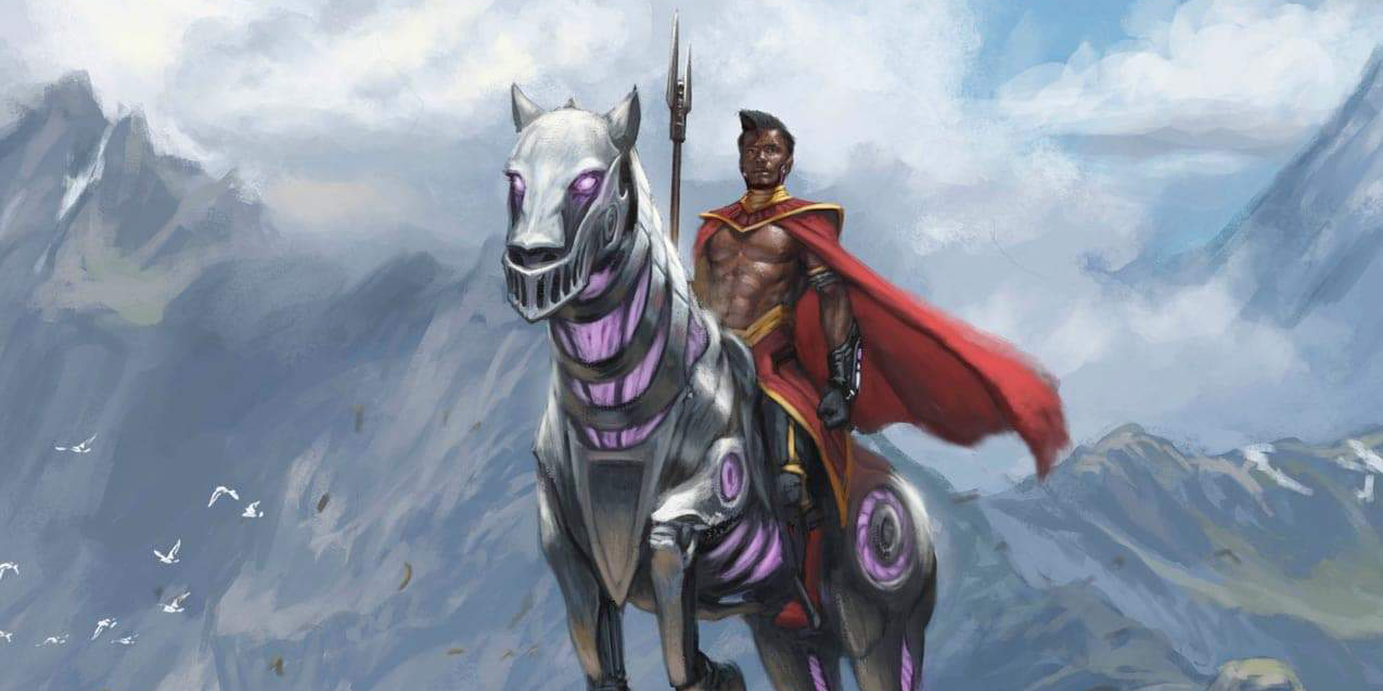 A man rides a cybernetic horse in Tikor.