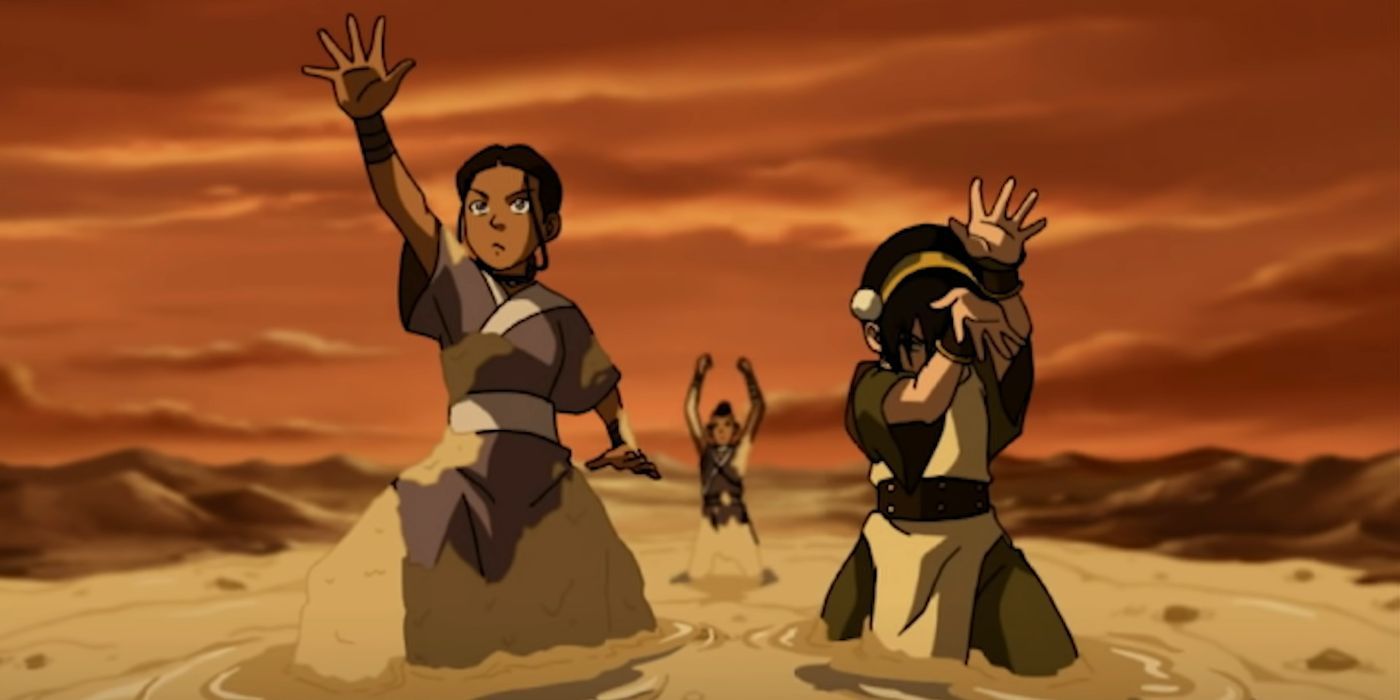 Captura de tela do ATLA de Toph Beifong e Katara com Sokka atrás deles.