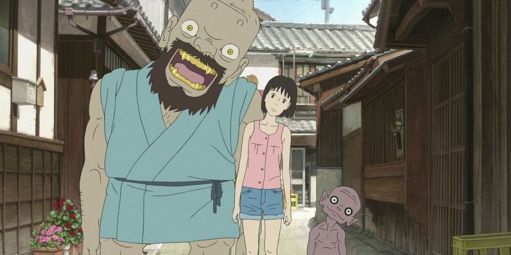 Momo and her yokai companions tilt their heads in A Letter To Momo