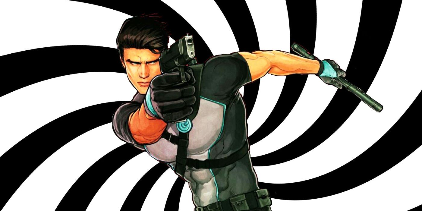 Dick Grayson wielding a gun in front of a black and white background