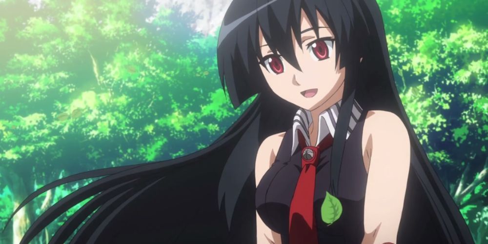 Akame smiling in front of green trees in Akame Ga Kill!.