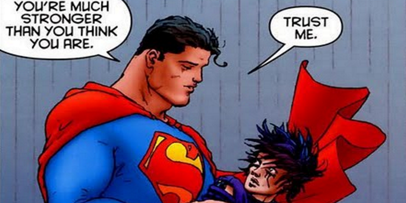 superman holding a young goth person with text bubbles telling them they're much strong than they think they are and to trust him