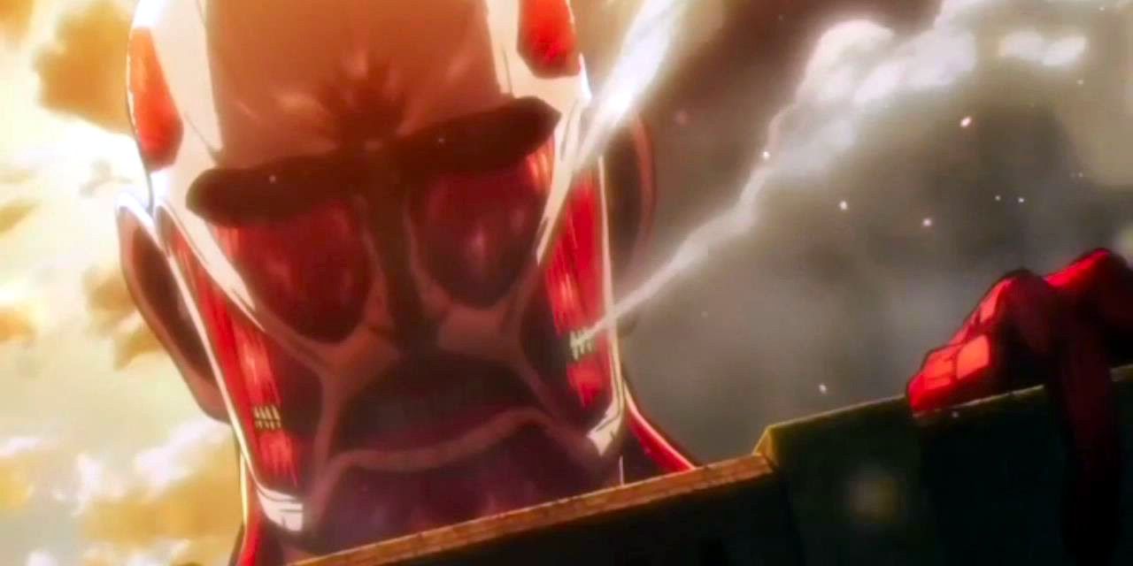 The Colossal Titan leers over Wall Maria during the first episode of Attack on Titan, "To You, In 2000 Years"