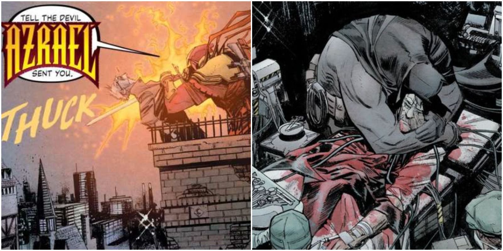 Azrael killing Commissioner James Gordon in Curse of the White Knight, and Batman mourning his death