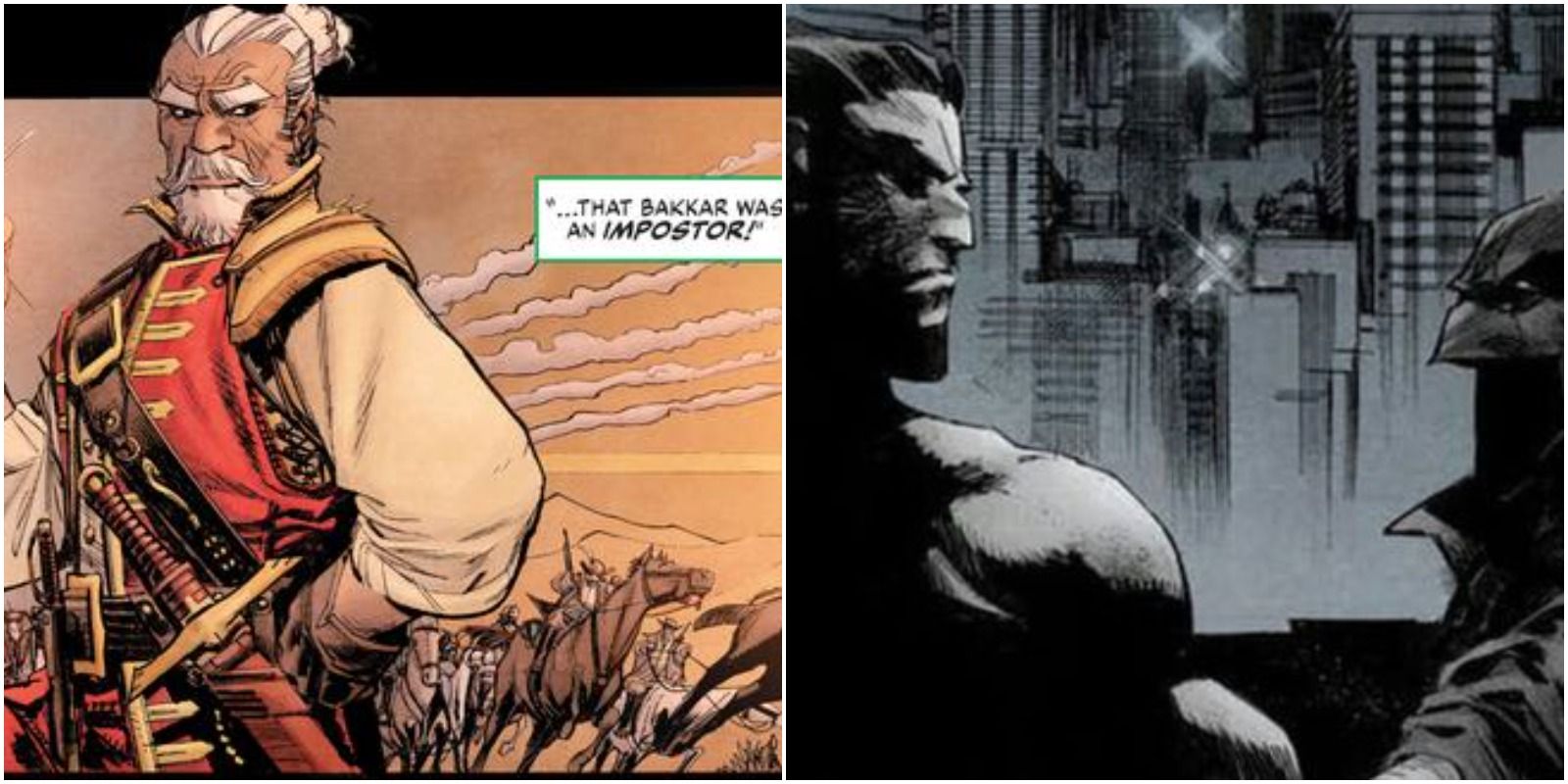 Bakkar in a flashback sequence during Curse of the White Knight and cover art for an issue of White Knight featuring Bruce Wayne