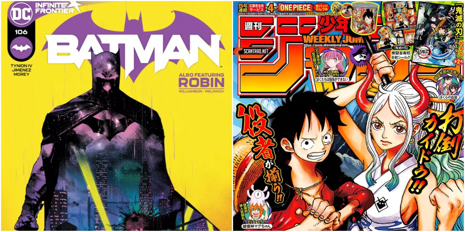 Cover art for Batman #106 and One Piece featured on the cover of Weekly Shonen Jump's October 17, 2020 issue