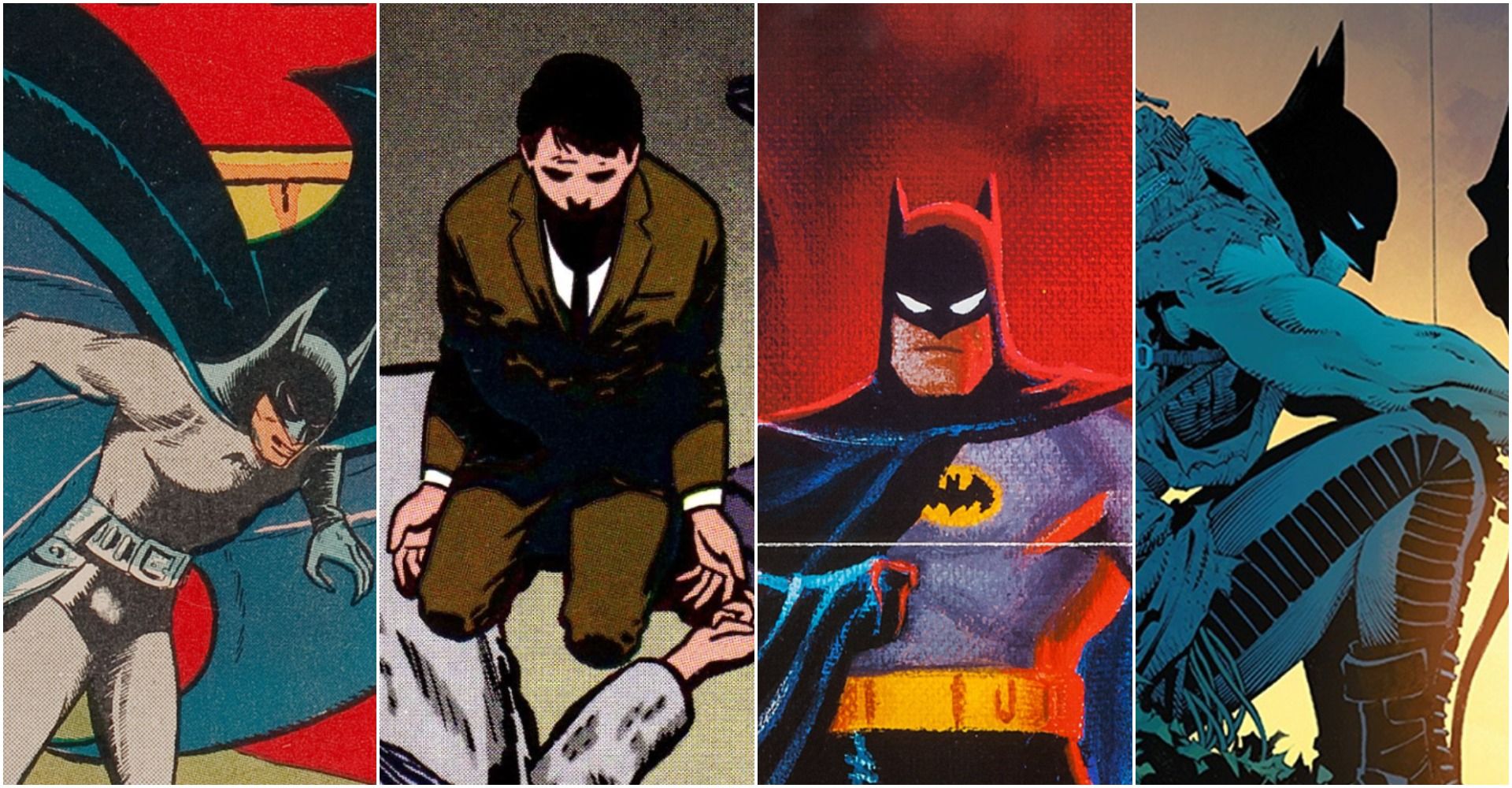 collage of four comic style Bruce Wayne and Batmans