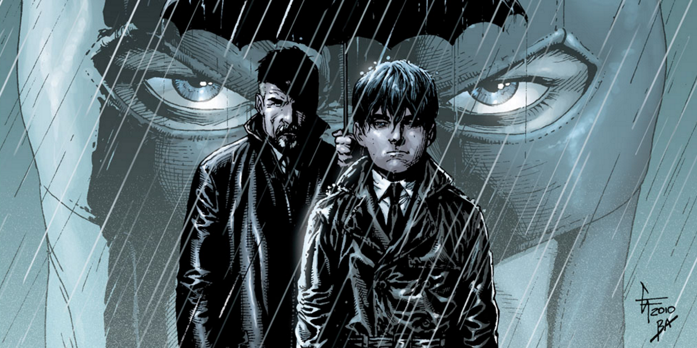 batman behind young Bruce and Alfred