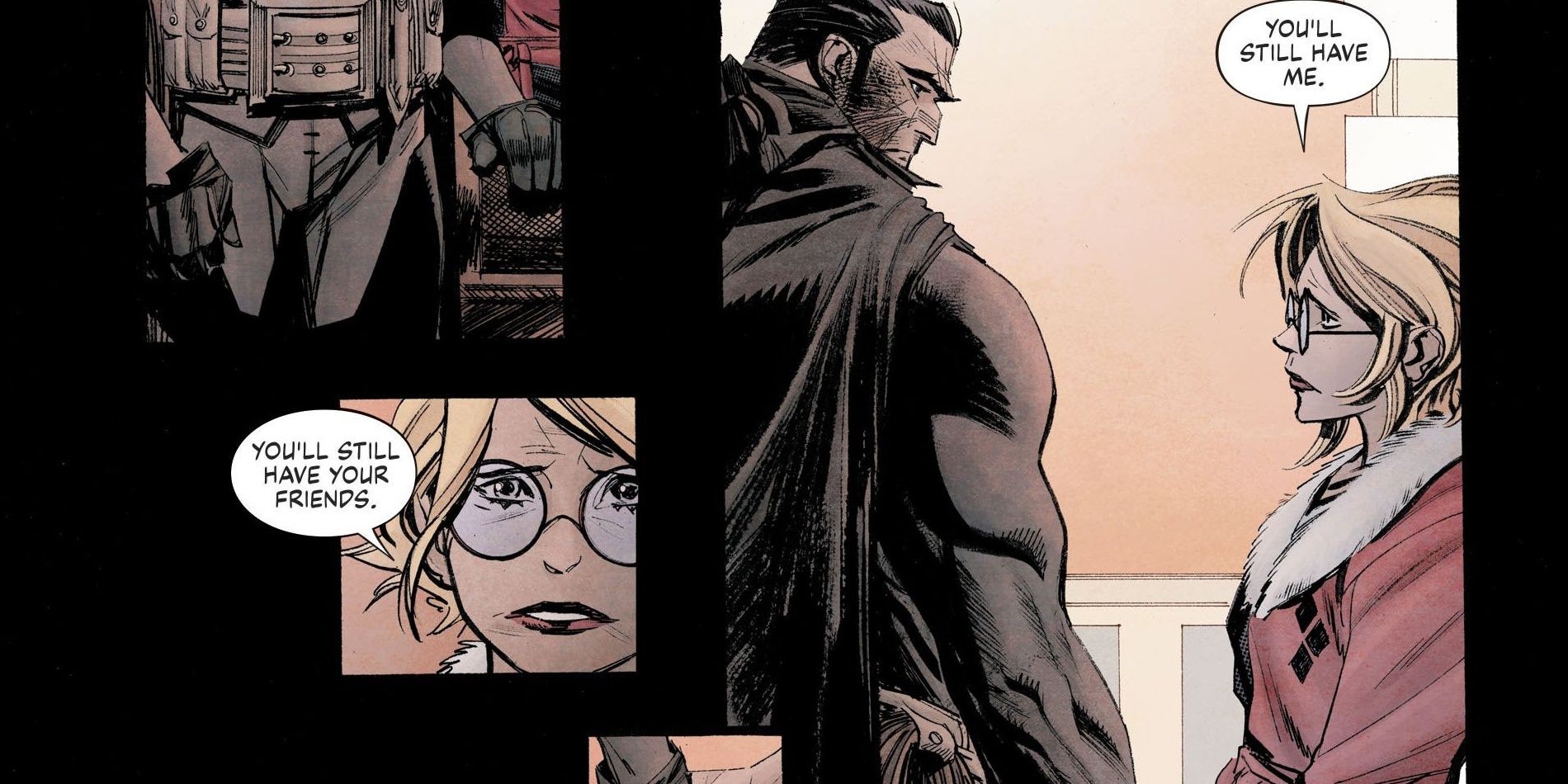 Batman/Bruce Wayne and Harley Quinn in Curse of the White Knight after the revelation of the former's heritage