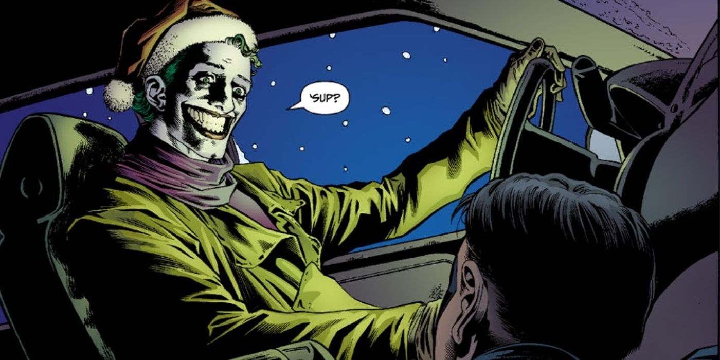 an image of joker driving a car with a santa hat on
