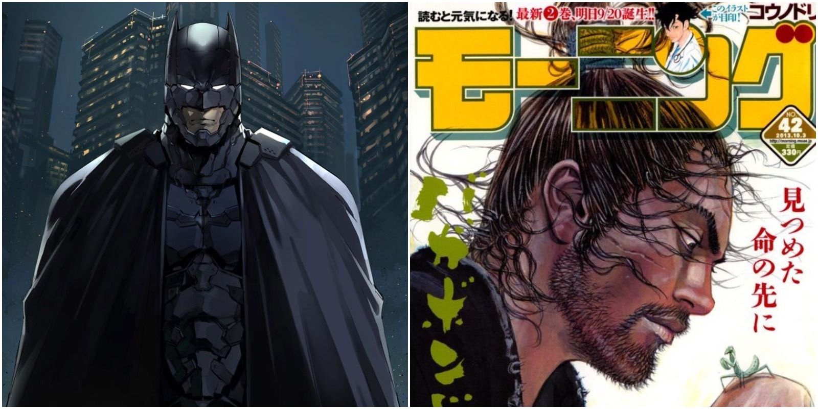 Art for Batman Justice Buster and cover art for Weekly Morning Magazine featuring Vagabond