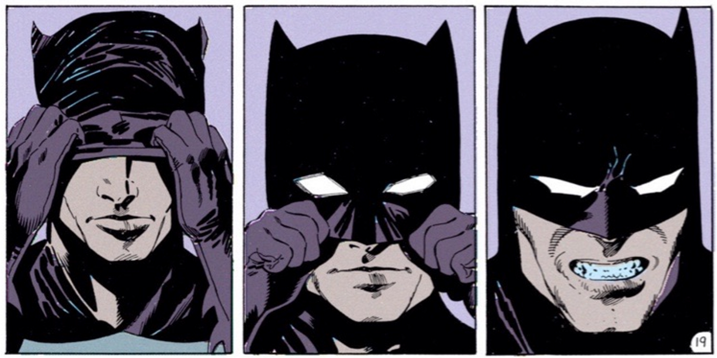 three panels of bruce wayne pulling his batman mask on
