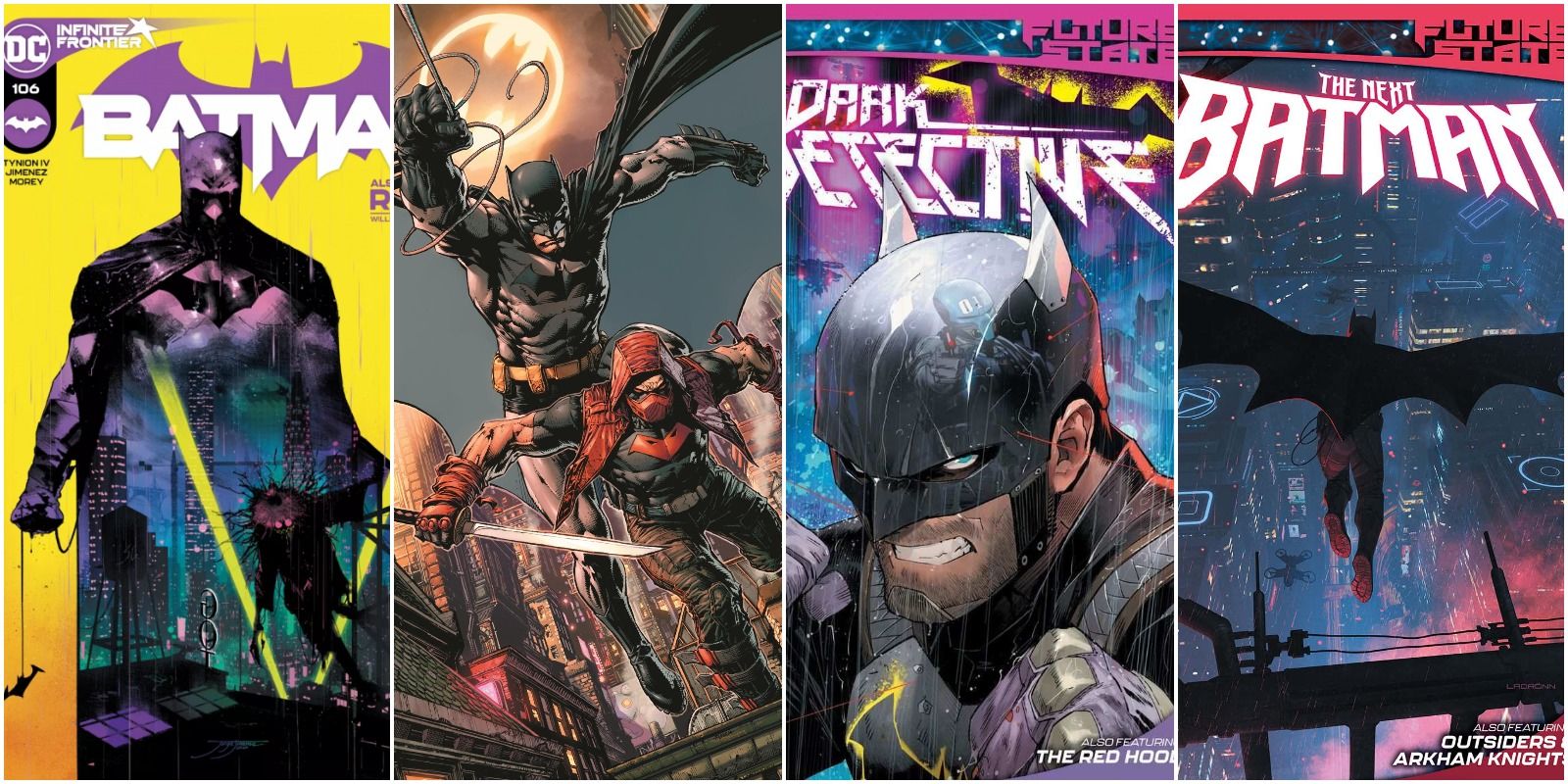 Cover artwork for Batman #106, Urban Legends #1, Future State: Dark Detective #2 and Future State: The Next Batman #1