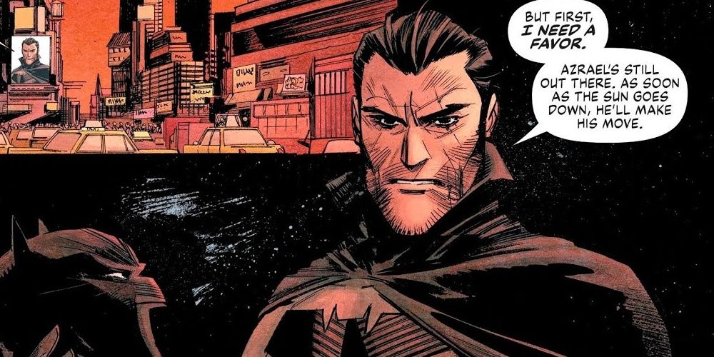 Batman reveals his identity of Bruce Wayne to all of Gotham City in the climax of Curse of the White Knight