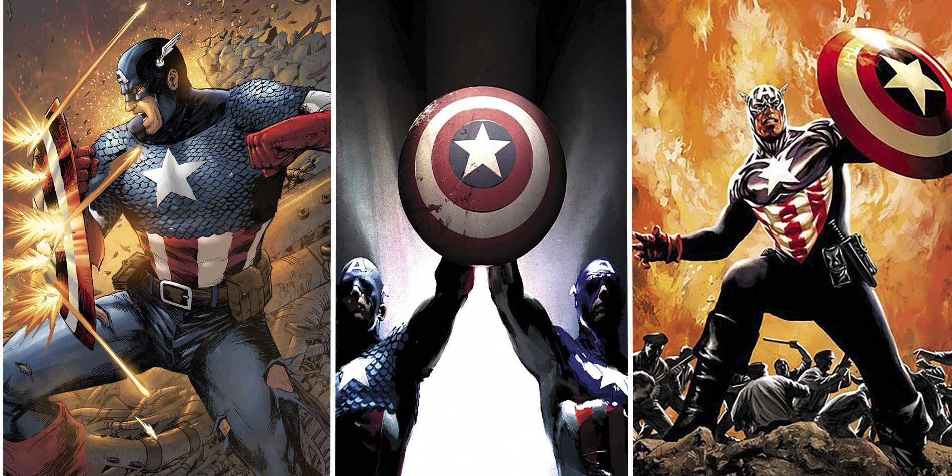 Various versions of Captain America.