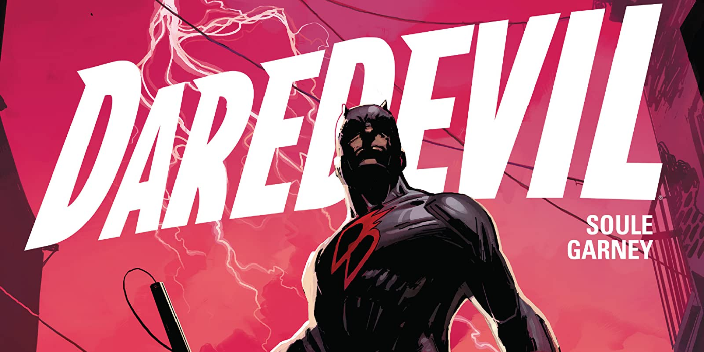 daredevil in black against a pink backdrop and daredevil written in white